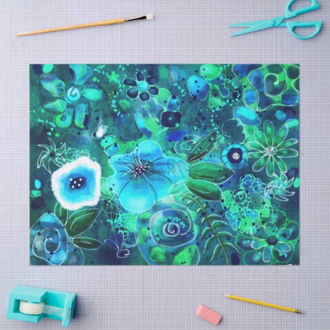 Papel De Seda Dissociação Floral Abstrato Floral Verde Azul (Arte )