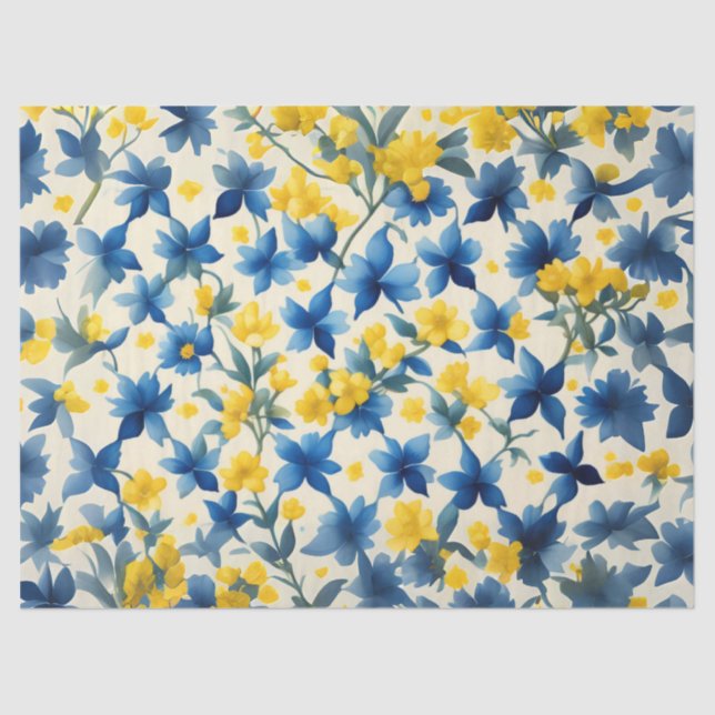 Papel De Seda Dissociação Floral Azul, Amarelo e Branco (Frente )