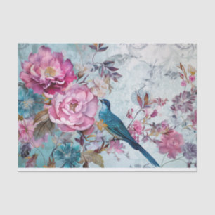 Papel De Seda Dissociação Floral Colorida de Pássaro Azul