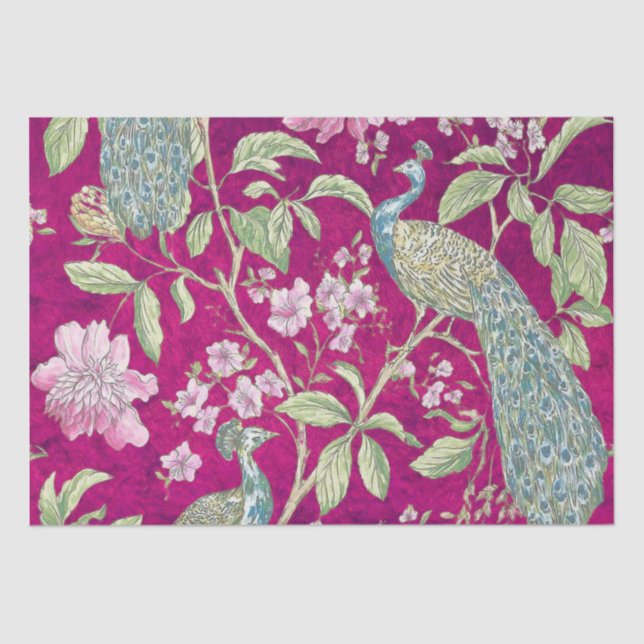 Papel De Seda Dissociação floral de pavão Fuchsia Chinoiserie (Frente )
