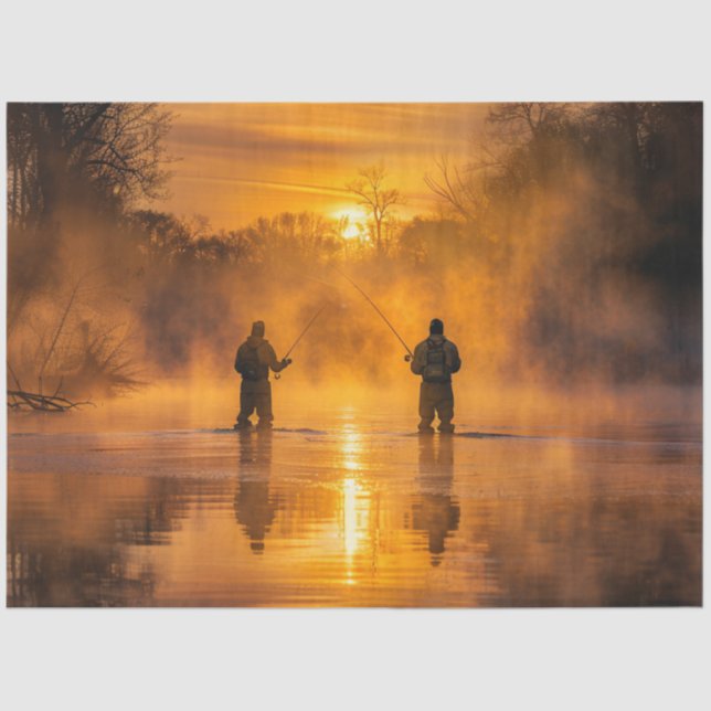 Papel De Seda Dissociar Paisagem Picturesca Homens Pescando (Frente )