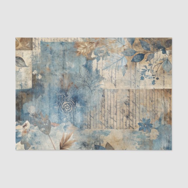 Papel De Seda Distressed Ephemera Collage in Blue and Beige (Frente )