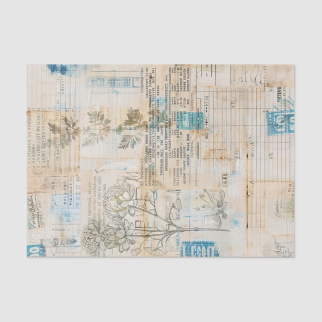 Papel De Seda Distressed Ephemera Collage with Blue Highlights (Frente )