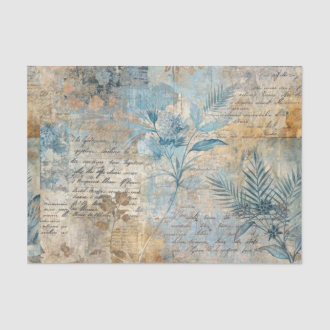 Papel De Seda Distressed Grungy Blue Floral Ephemera Collage (Frente )