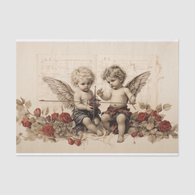Papel De Seda Dois Cherubs sentados entre Rosas (Frente )