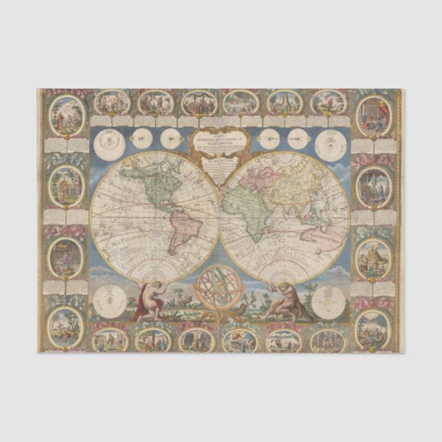Papel De Seda Dois Mapas Históricos Globos com Vignettes (Frente )