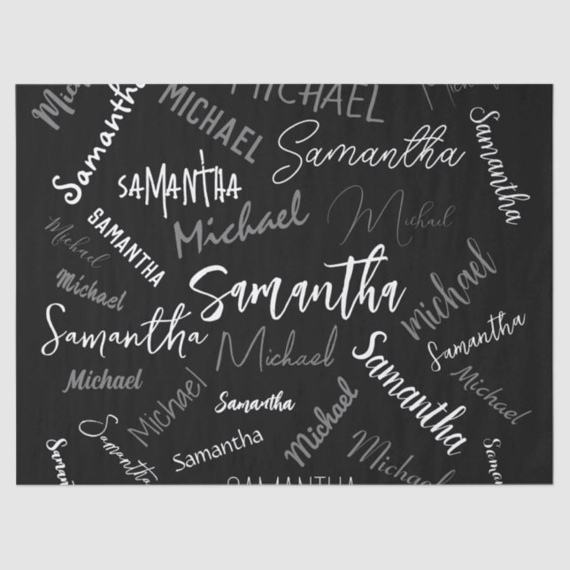 Papel De Seda Dois nomes casal padrão monograma cinza preta bran (Frente )