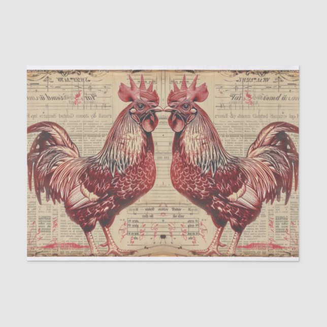 Papel De Seda Dois Red Rooster Chickens Farmland Decoupage (Frente )