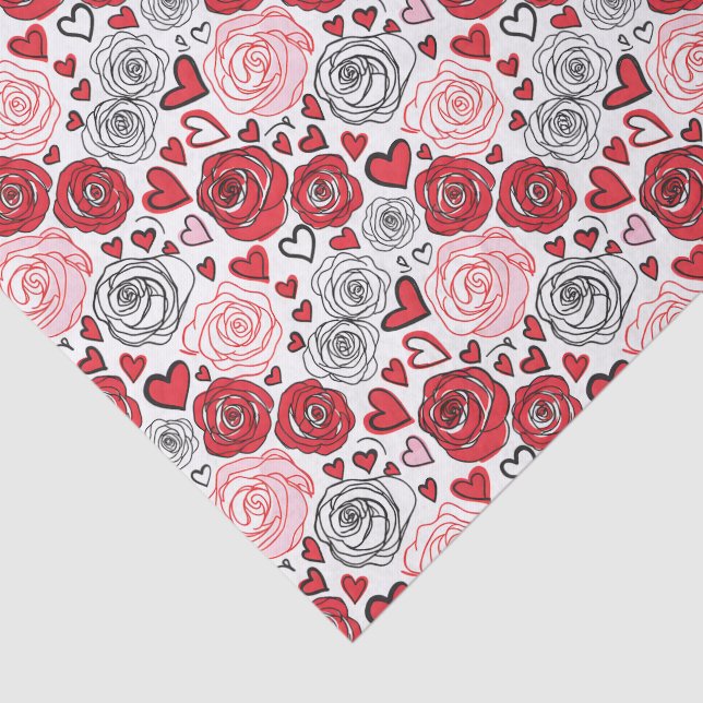 Papel De Seda Doodle Art Style Red Pink Roses Hearts Valentine's (Detalhes)