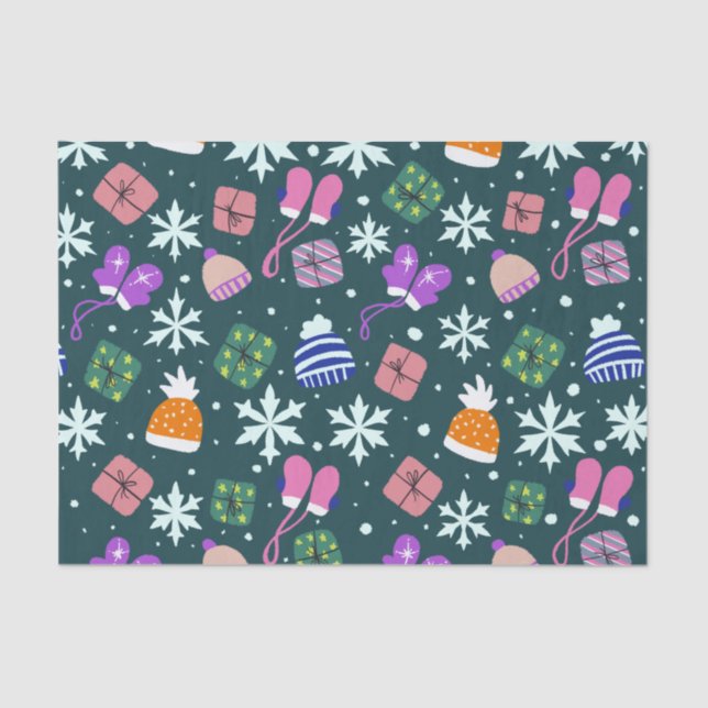 Papel De Seda Doodle Christmas Winter Glove Gifts Hats Dark (Frente )