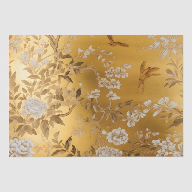 Papel De Seda Dourada Chinoiserie - Tecido Floral (Frente )