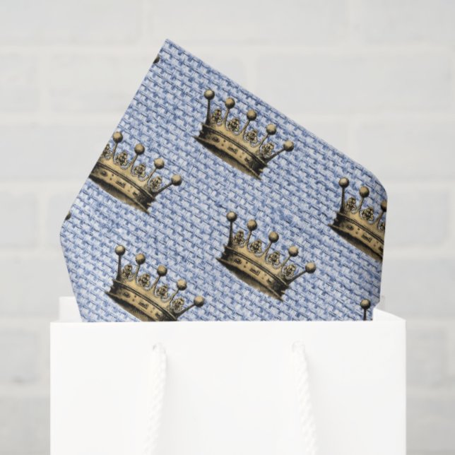 Papel De Seda Dourada Coroa Real Padrão Azul Linen Prince Chic (Sacola de presentes)