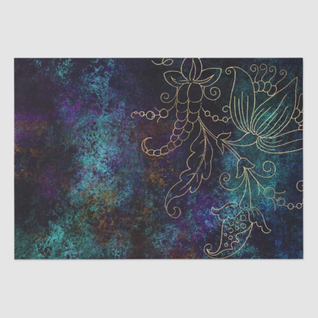 Papel De Seda Dourada Floral Grunge Damask (Frente )