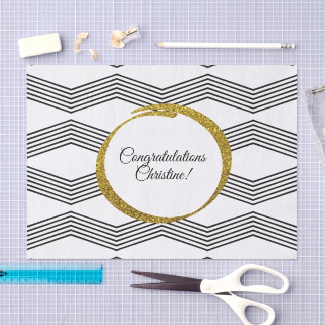 Papel De Seda Dourada Glitter Black White Chevron Zig Personaliz (Arte )