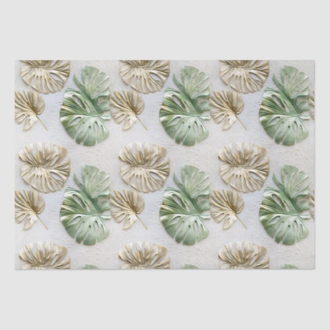 Papel De Seda Douradas Folhas Tropicais Brancas Verde (Frente )
