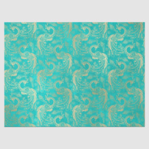 Papel De Seda Dourado Boho Peacocks na Desmontagem Aqua