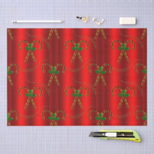 Papel De Seda Dourado Candy Canes e Holly no Natal Vermelho
