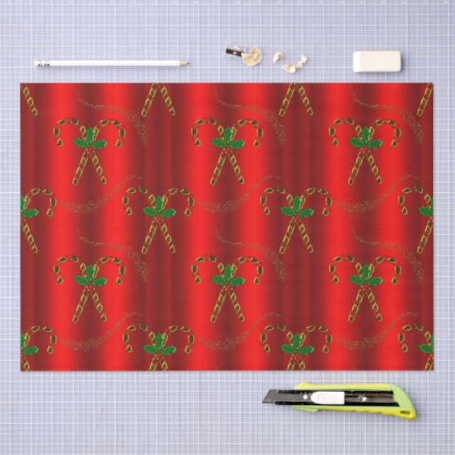 Papel De Seda Dourado Candy Canes e Holly no Natal Vermelho (Arte )