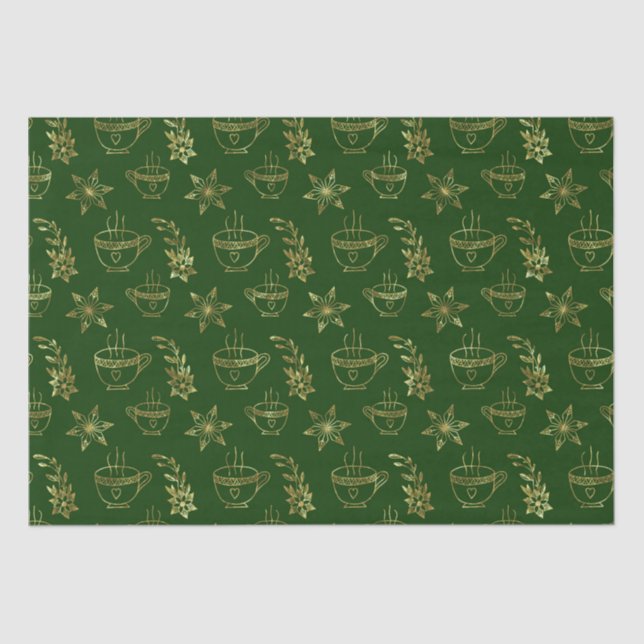 Papel De Seda Dourado com símbolos verdes de Natal sem descontin (Frente )