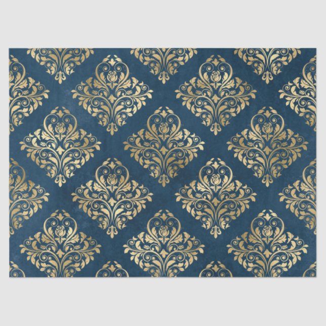 Papel De Seda Dourado Damask on Blue Decoupage (Frente )