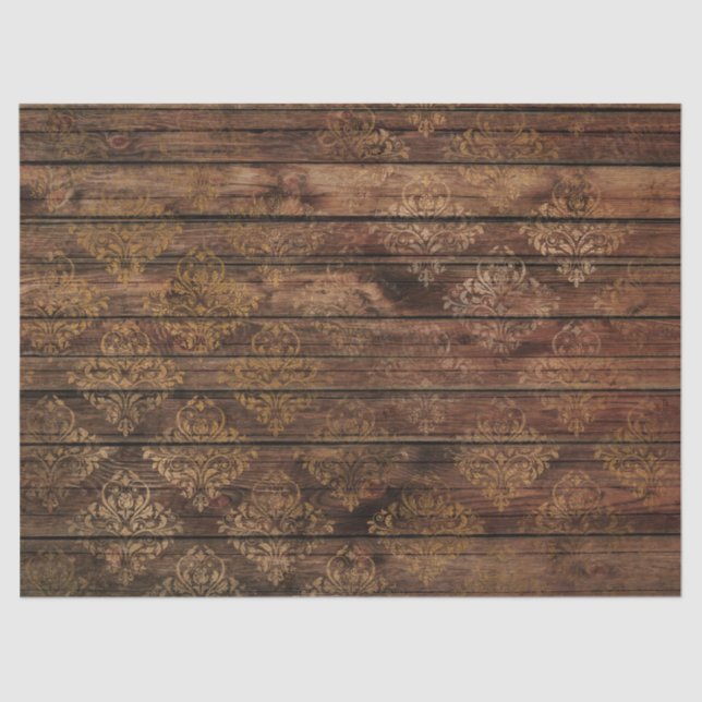 Papel De Seda Dourado Damask on Brown Wood Decoupage (Frente )
