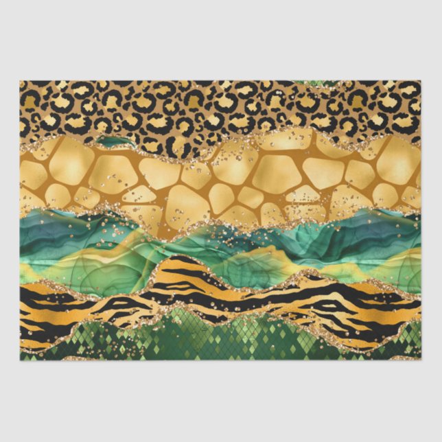 Papel De Seda Dourado e Verde Safari Animal Print Agate (Frente )