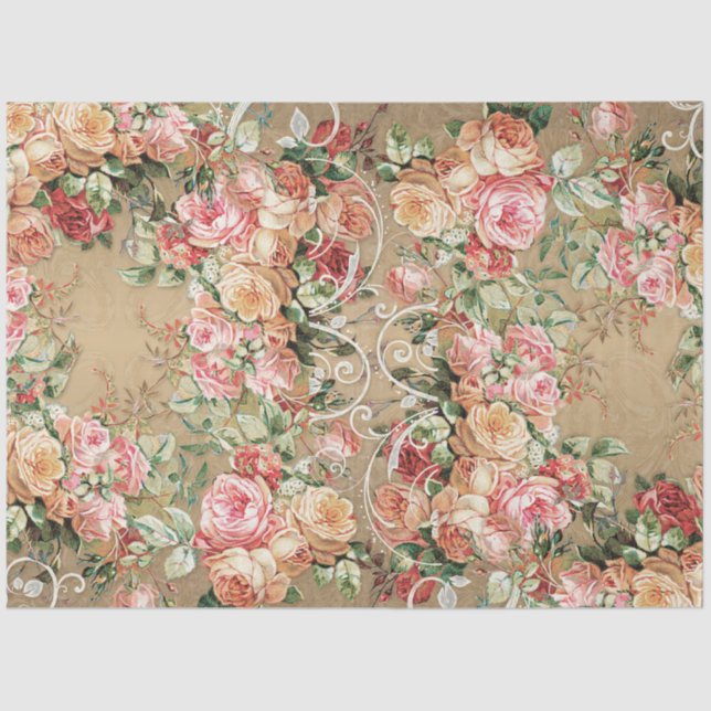 Papel De Seda Dourado Floral Barroco Rosa Corado Decoupage Elega (Frente )