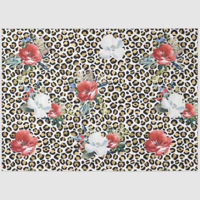 Papel De Seda Dourado Leopardo Impresso Vermelho Floral Branco (Frente )