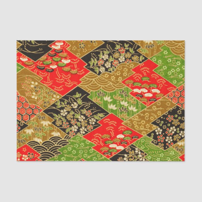 Papel De Seda Dourado Red Green Japonês Kimono Floral (Frente )
