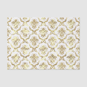 Papel De Seda Dourados Damascos Florais e Fundo Branco Personali
