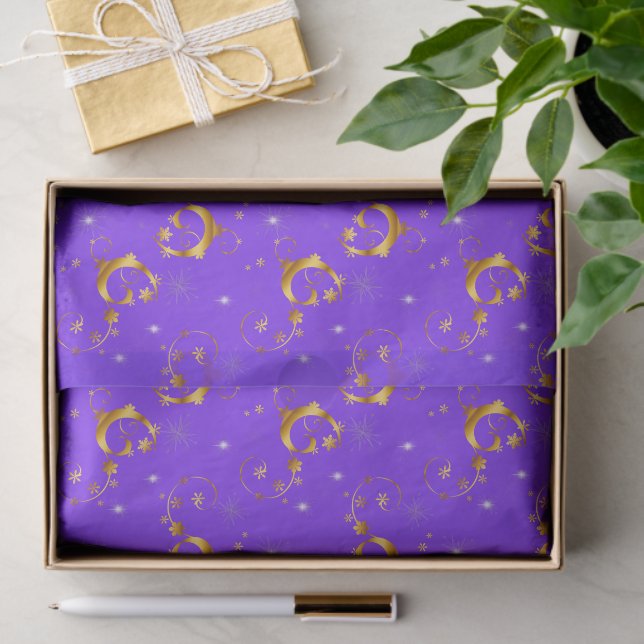 Papel De Seda Dourados picos e estrelas Natal roxo (Presente)