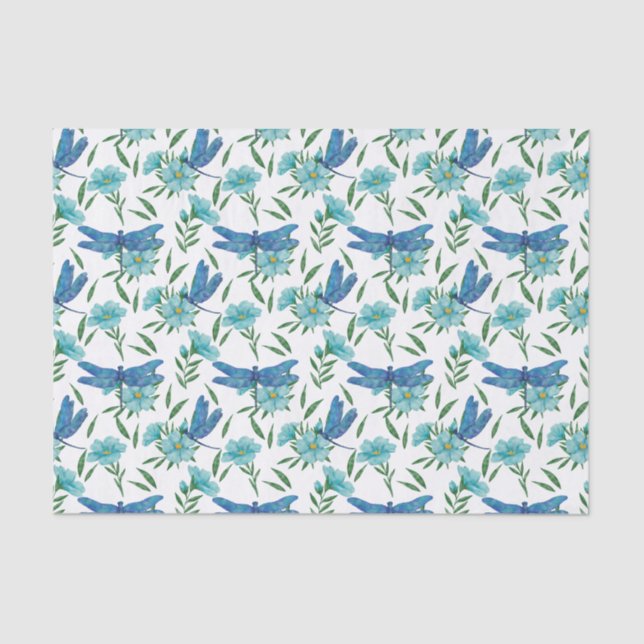 Papel De Seda Dragão azul e floral botânico elegante (Frente )
