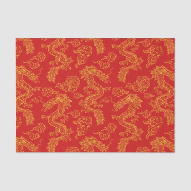 Papel De Seda Dragão Chinês Vermelho e Tema Dourado (Frente )