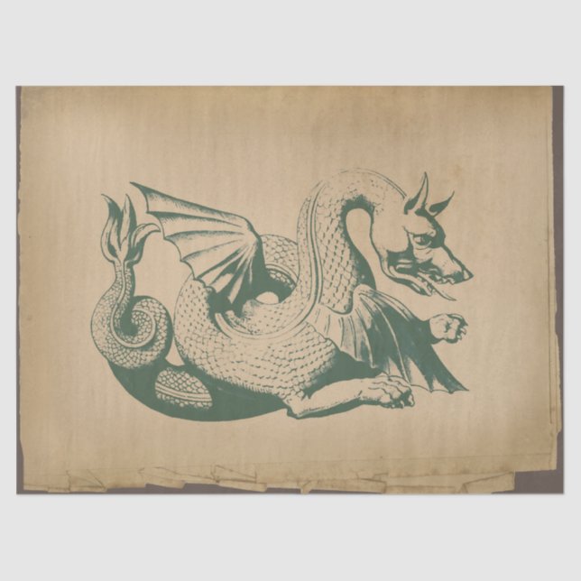 Papel De Seda Dragão Verde em Decoupage de Tonelada Distante (Frente )