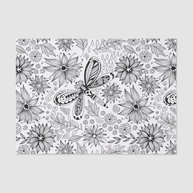 Papel De Seda Dragonfly e flores rabisco (Frente )