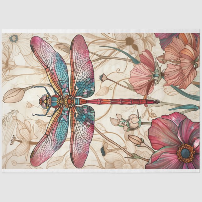 Papel De Seda Dragonfly Floral Vidro Estreito Cores Quentes (Frente )