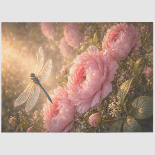 Papel De Seda Dragonfly Over Pink Peonies Spring Garden  (Frente )