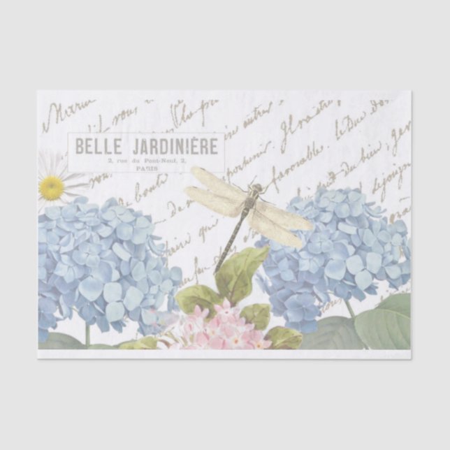 Papel De Seda Dragonfly Script French Blue Pink Hydrangea Flower (Frente )