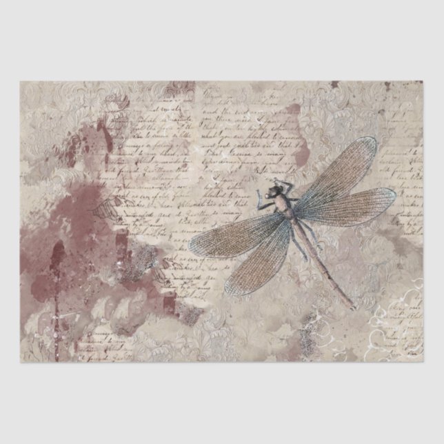 Papel De Seda Dragonfly Shabby Mixed Media Script Decoupage (Frente )