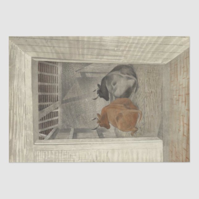 Papel De Seda Duas vacas em um estábulo (por Eric Ravilious) (Frente )