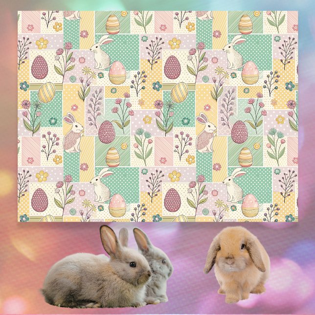 Papel De Seda Easter Patchwork Pastel Bunnies Eggs and Gingham (Criador carregado)
