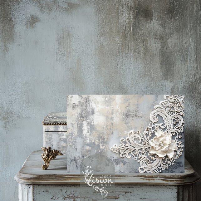 Papel De Seda Efeito de Renda Off White, Fundo com Pátina Prata (Off White Floral Feature, Embroidered Lace effect, Silver Patina background, Decoupage Tissue Paper)