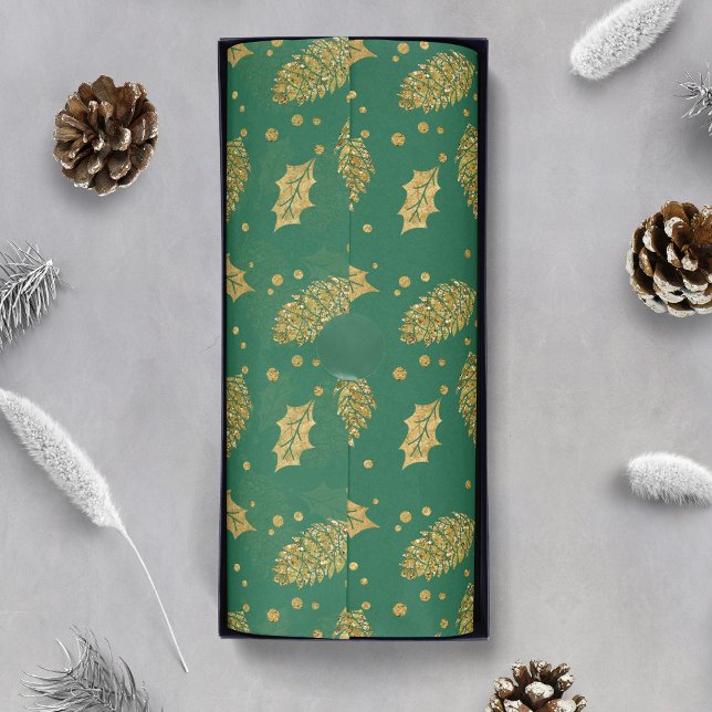 Papel De Seda Efeito Dourado Pine Cones em Verde (Criador carregado)