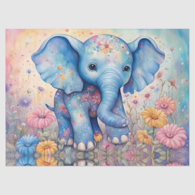 Papel De Seda Elefante Adorável De Bebê Em Jardim Pastel Daisy (Frente )