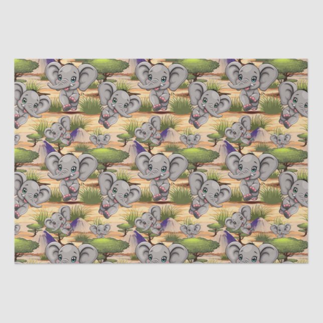 Papel De Seda Elefante Bebê Pulando Feliz em Savana Africana (Frente )