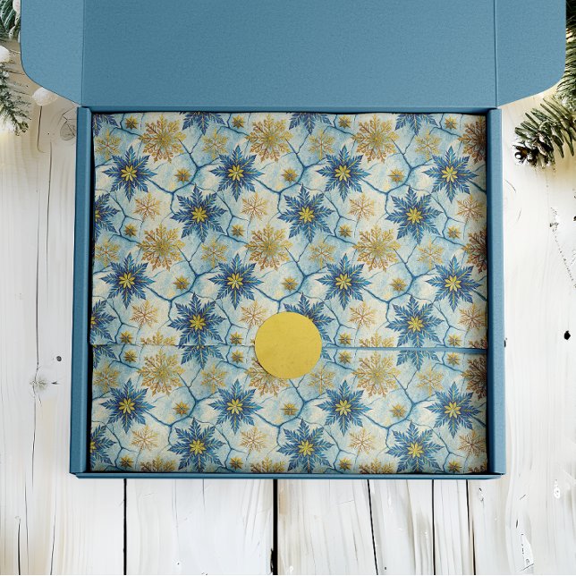 Papel De Seda Elegância Congelada Floco de Neve Azul e Dourado (Criador carregado)