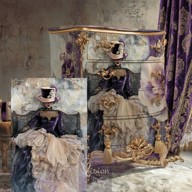 Papel De Seda Elegância Eclética Lady Top Hat, Lilac Roxo Moody (Shabby Chic, Lady in a top hat, moody purple & lilac, bouffant portrait art decoupage tissue paper.)