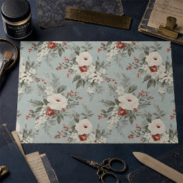 Papel De Seda Elegância Floral de Inverno, Branco & Vermelho sob