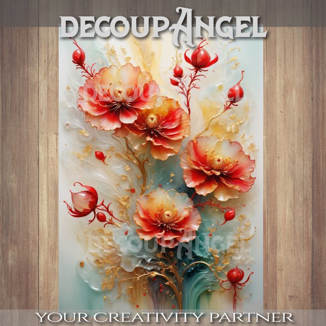 Papel De Seda Elegância Floral Vermelha ouro - Decoupage - (Criador carregado)