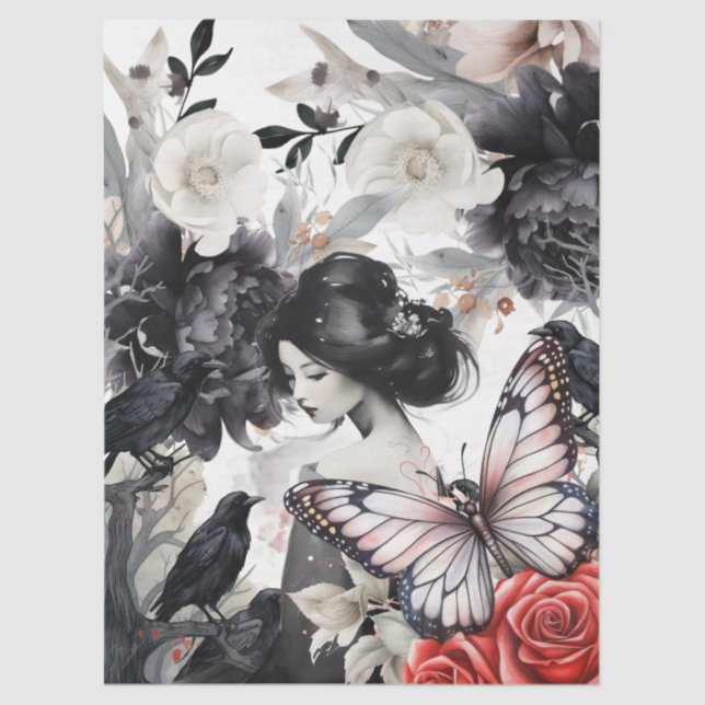 Papel De Seda Elegant Asian Girl Raven Butterfly Decoupage (Frente )